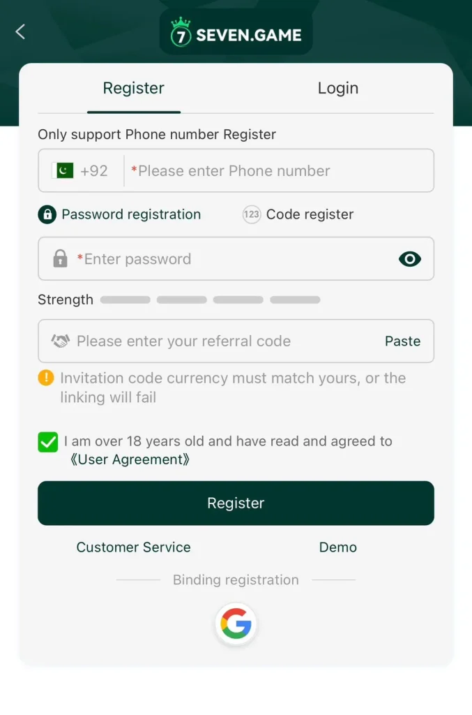 Register on Seven Game